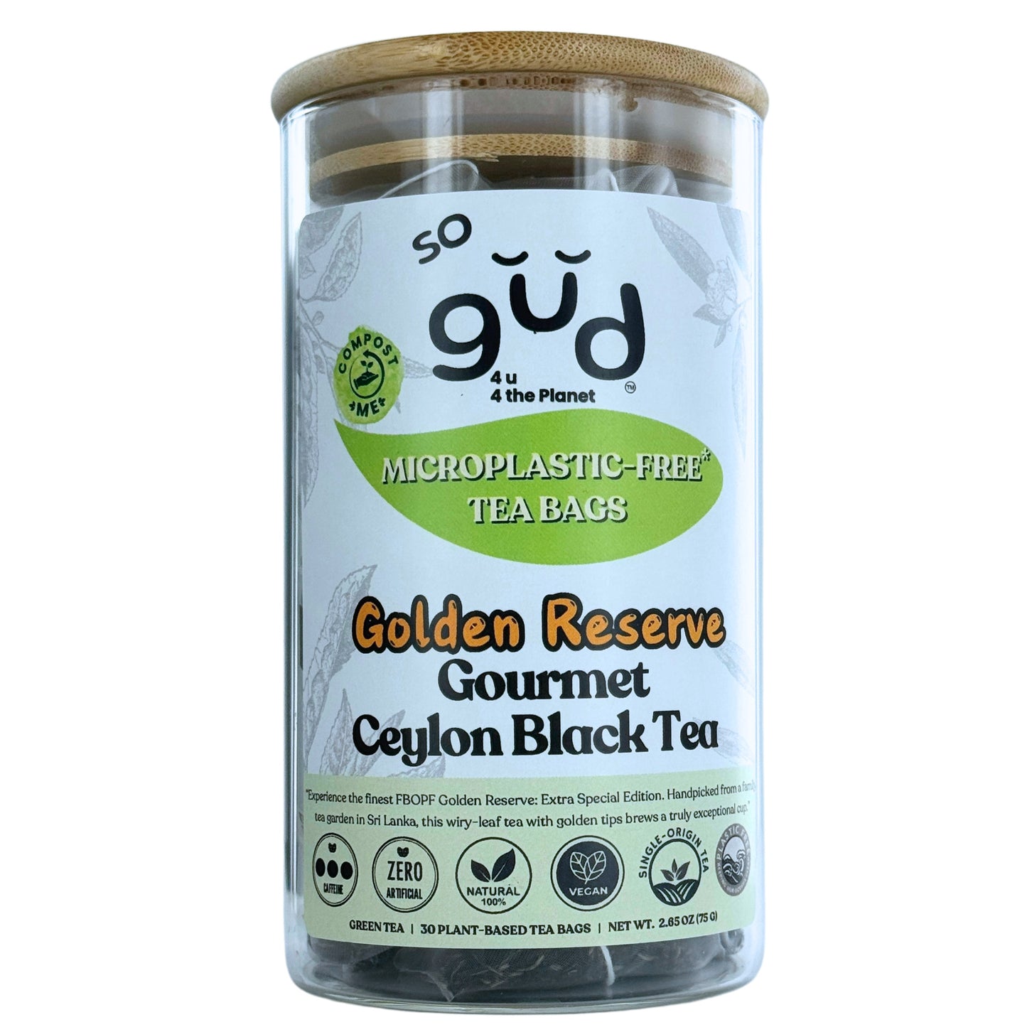 Golden Reserve Premium Ceylon Tea Black Tea Bags in Bamboo Glass Jar